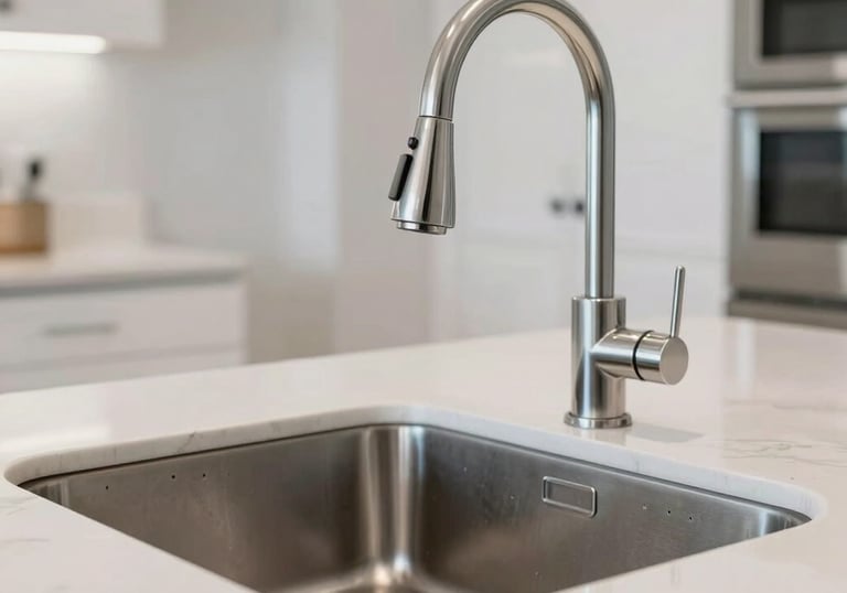 A bright, clean modern kitchen in a North American home featuring a deep stainless steel sink and a contemporary pull-down faucet, reflecting professional quality.
