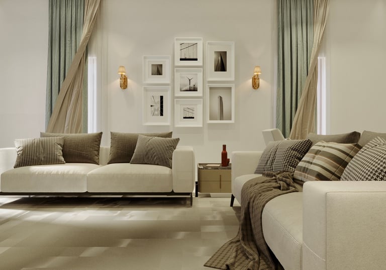 Modern living room with white sofas, elegant wall art gallery, and soft lighting.