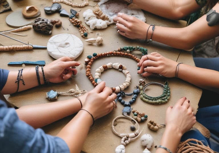 Close-up of hands skillfully tying macramé knots with natural stone beads.