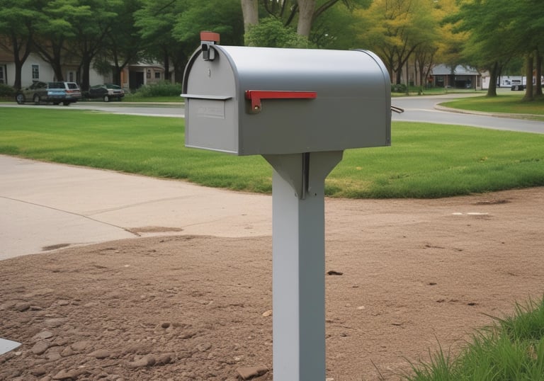 Close-up of a USPS-compliant mailbox post with a bright orange flag, standing straight after a quick repair.