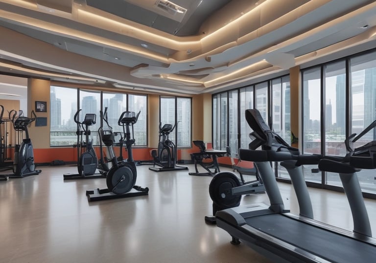 A sleek gym interior with state-of-the-art equipment and floor-to-ceiling windows overlooking Dubai’s skyline.