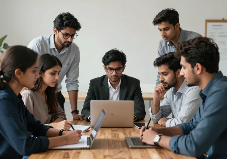 A group of young South Asian / Pakistani professionals and students collaborating around a wooden table in a high-end, minimal workshop setting.