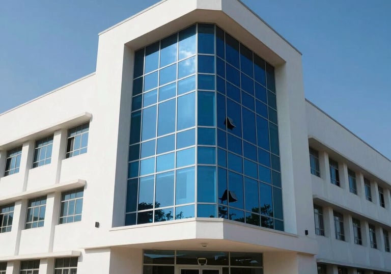 A sleek, architectural shot of a South Asian / Pakistani school building with modern white facades and large glass panels reflecting a blue sky.