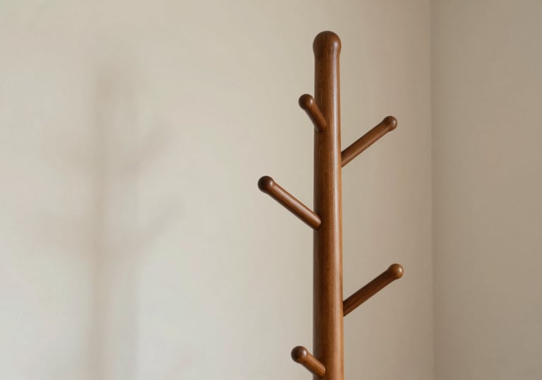 A close-up of a beautifully finished wooden coat rack (Mancebo) standing in a cozy corner. The wood has a rich #9E3A3A polish and the lighting is soft and inviting.