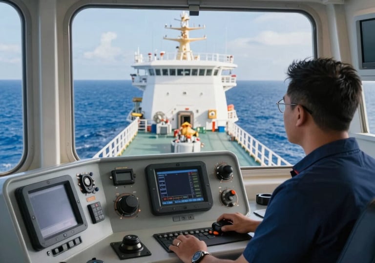 Elegant ship captain overseeing vessel operations at sea during golden hour.
