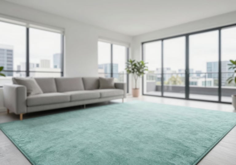 A wide-angle interior shot of a pristine, modern living room in Melbourne with freshly steam-cleaned carpets. The space looks airy and clean, with a palette reflecting #82B2B3 and #EDF5F5.