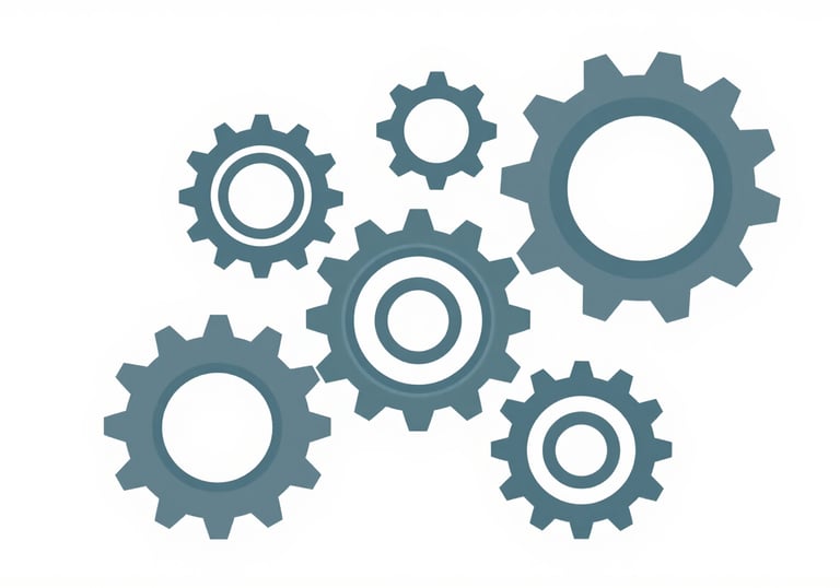 A digital illustration of interconnected nodes and gears in #B0C5CD and #4F6D7A, representing streamlined process improvements and efficiency.