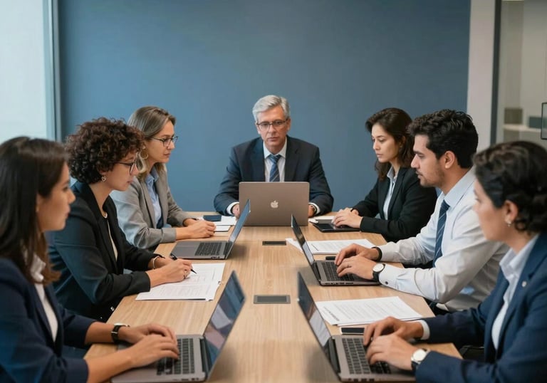 A collaborative meeting of South American / Brazilian professionals around a large table, with laptops and documents, in a modern office with steel blue and muted blue decor.