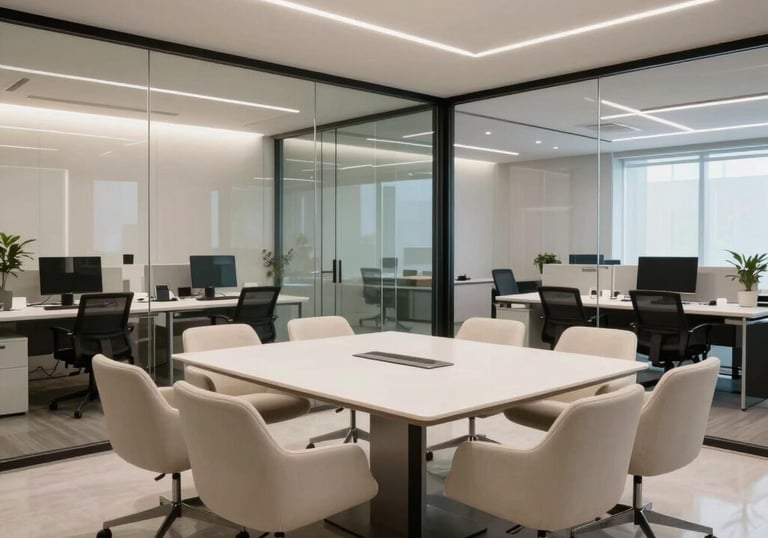 A modern meeting room in a Brazilian tech hub with glass walls, displaying a clean workspace with off-white furniture and professional atmosphere.