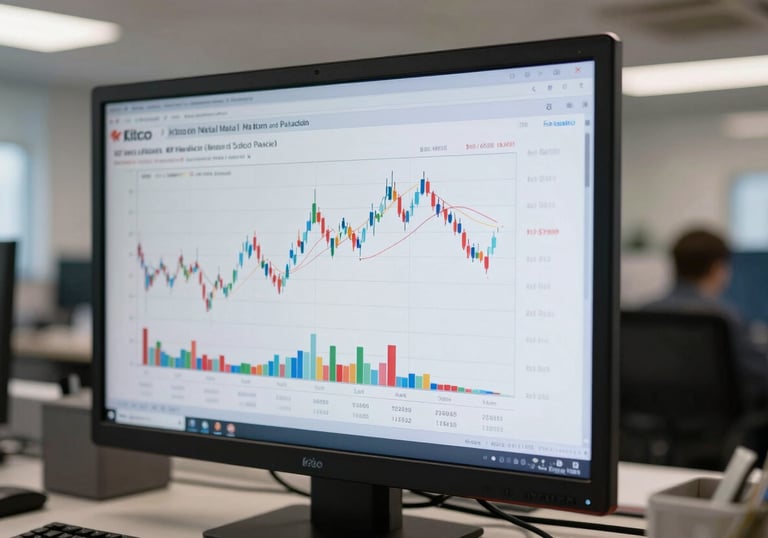 A digital screen in a professional North American industrial office displaying the Kitco precious metal market graphs for platinum and palladium.