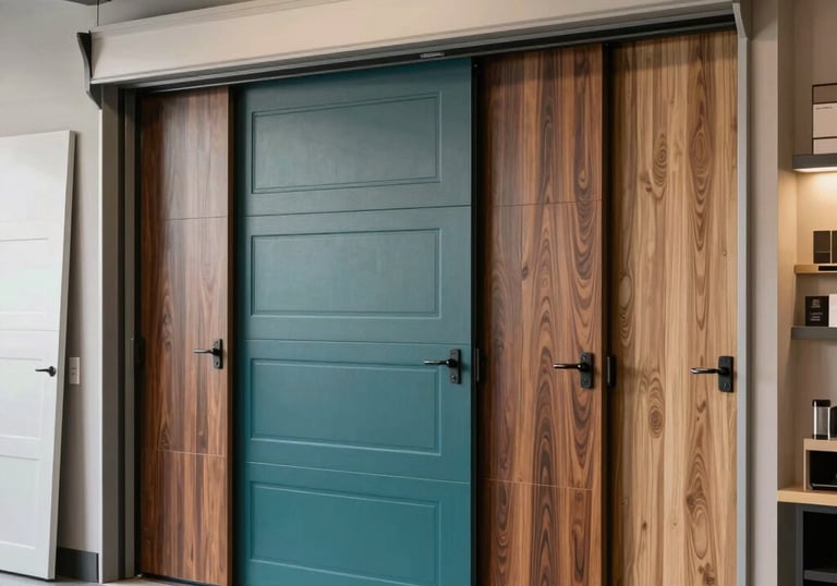 A well-lit showroom displaying modern garage door panels in various finishes like matte teal and wood grain, North American / US interior design.