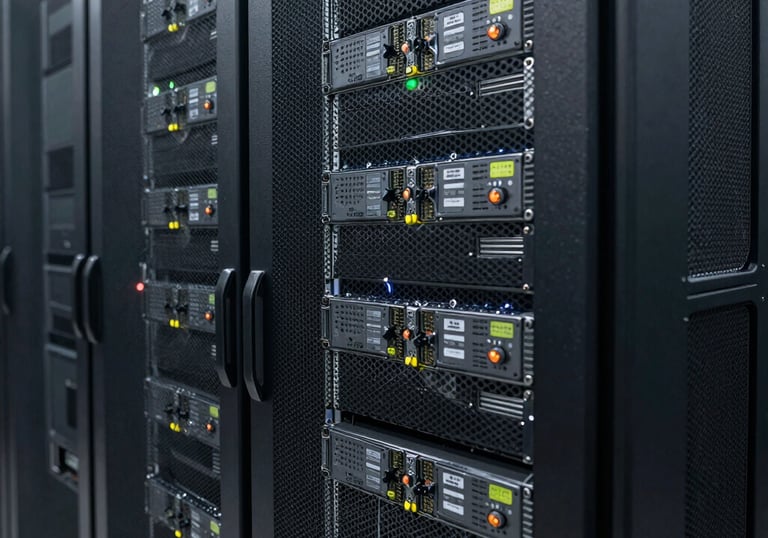 High-tech server equipment in a secure Brazilian data center, representing the technological infrastructure and efficiency behind our tele-servicing solutions.