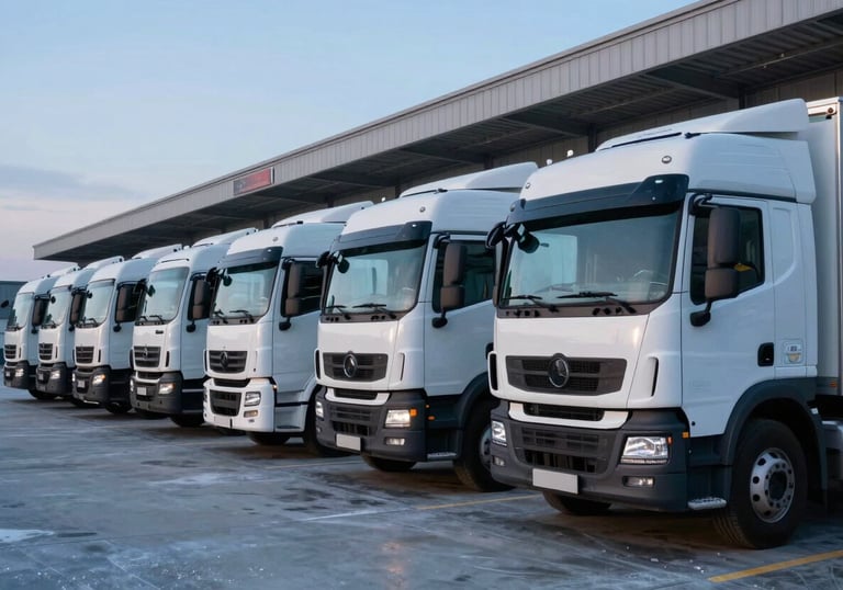 A photograph of a delivery fleet of white trucks parked at a modern loading bay during dusk, very light ice blue sky, organized and professional logistics environment.
