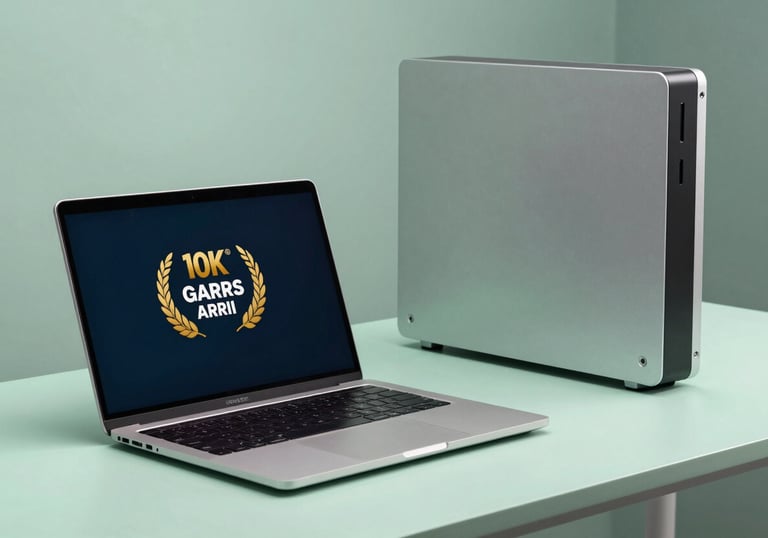 A high-end laptop and an all-in-one desktop computer sitting on a minimalist desk with soft mint green details.