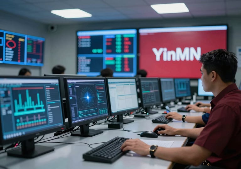 The interior of a high-tech control room in an Indonesian engineering firm. Glowing monitors show technical data, captured with a shallow depth of field. Colors include YInMn Blue and Deep Ripe Crimson.