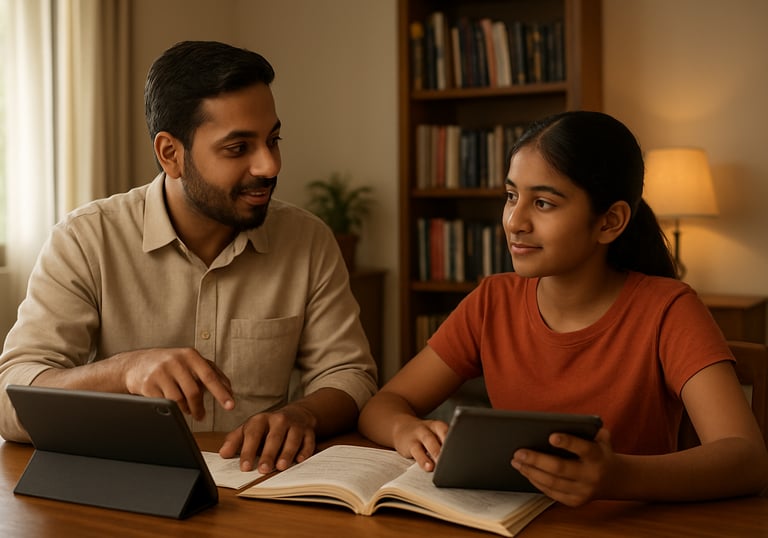 A well-lit, modern home study room in India, where a South Asian / Indian tutor is teaching a student with books and tablets, warm atmosphere.