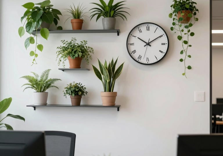 A clean, modern office interior in South Africa featuring a wall of plants and a minimalist clock, representing efficiency.
