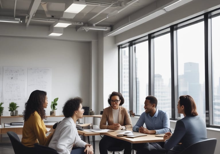 A friendly property manager discussing plans with a client in a warm, inviting office.