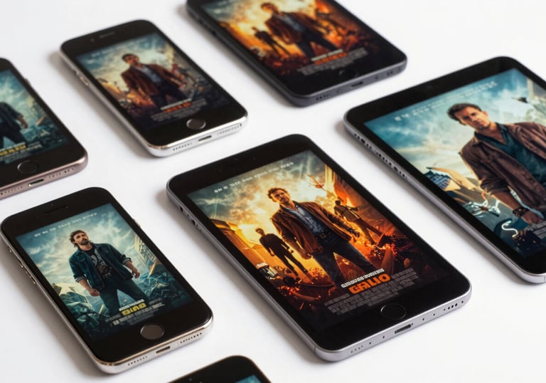 A collection of modern mobile devices and a tablet spread out on a white surface, each displaying a different vibrant movie poster.