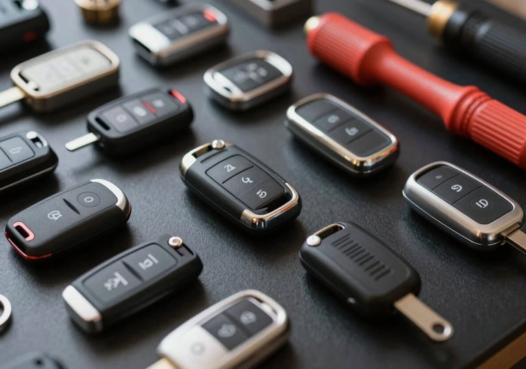 Close up of various high-quality car key shells and electronic tools on a clean black workbench, demonstrating variety and expertise.