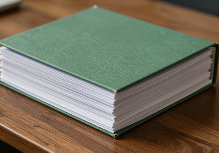 A close-up shot of a stack of neatly organized documents with a sage green folder on top, placed on a high-quality wooden desk.