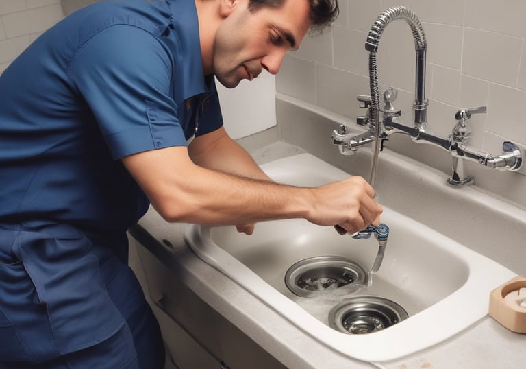 A skilled technician fixing a leaky faucet in a bright residential kitchen in Mauritius.