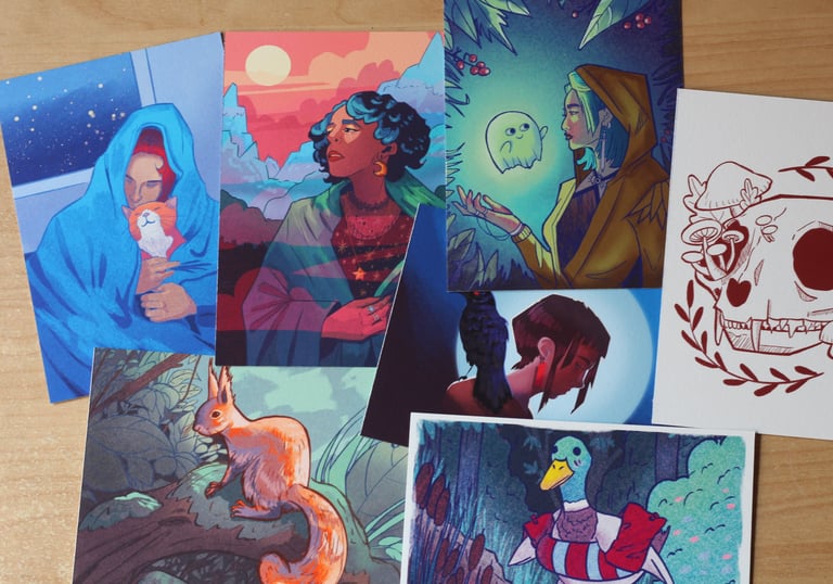 Collection of colorful fantasy art prints featuring characters, animals, and nature themes.