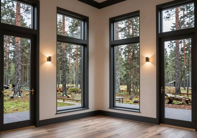 Interior photography of a finished luxury house project in a Northern European / Finnish forest. The space features large windows, soft off-white walls, and deep charcoal accents. The lighting is warm and inviting, showcasing premium materials and a polished finish.