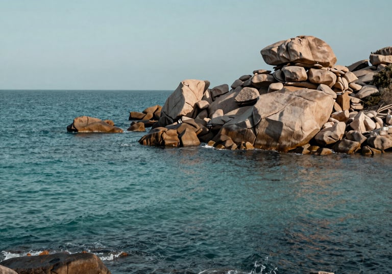 A scenic, calming view of the turquoise waters and granite rocks of the Porto-Vecchio coast, soft teal and blue palette, Southern European / Corsica.