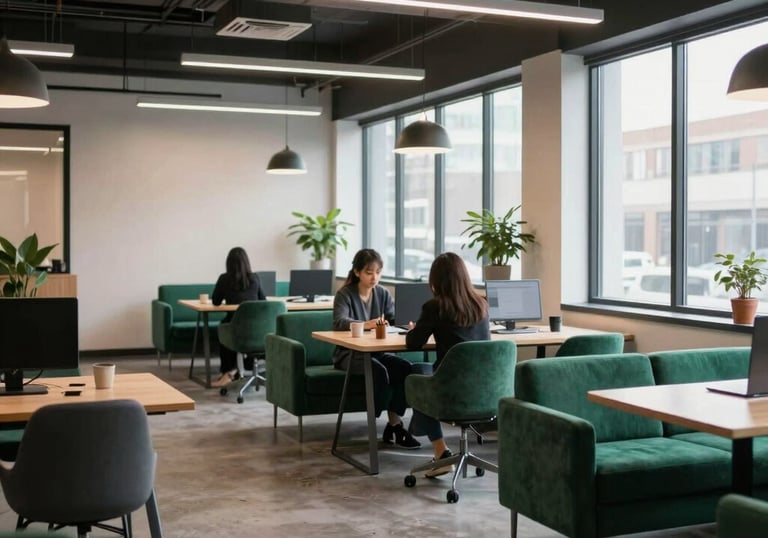 An airy and bright North American coworking space with modern furniture and emerald green accents, symbolizing a productive and professional environment.
