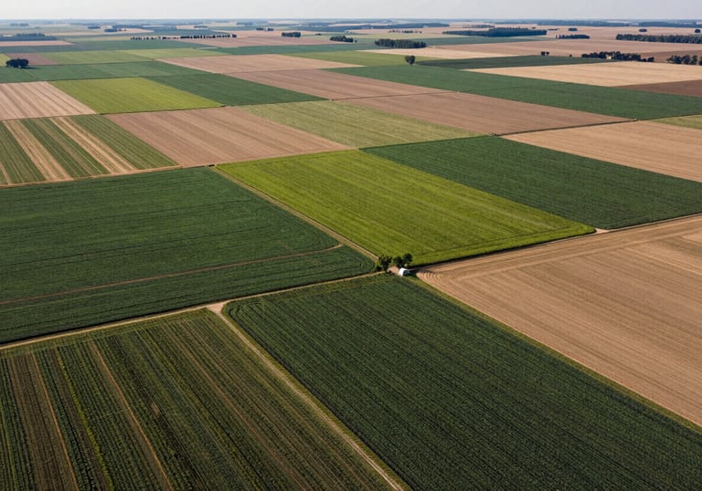 A scenic aerial view of a patchwork of different crops across the North American landscape, showcasing sustainable farming techniques.