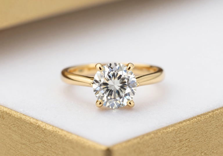 High-end product photography of a brilliant-cut diamond ring in a yellow gold band, set against a clean white and gold background, North American / US luxury style.