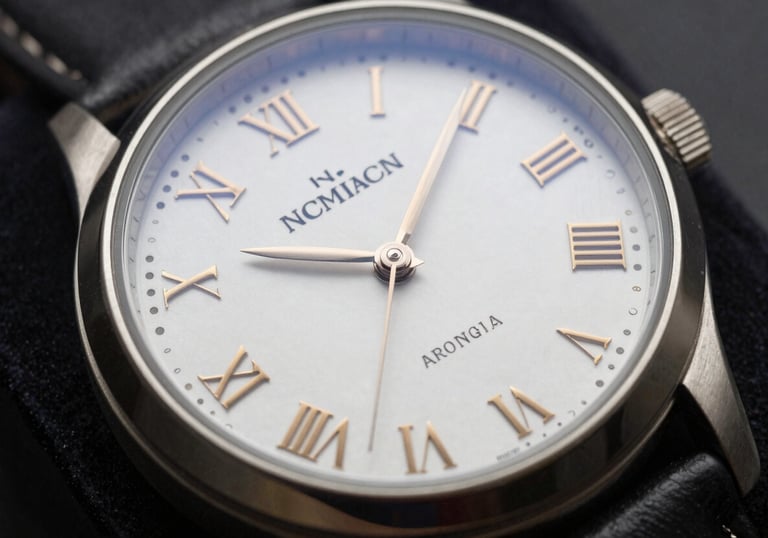 Detailed shot of a luxury watch face with Roman numerals on a dark velvet stand, sharp focus on the metallic hands, North American / US elegant composition, white and gold accents.