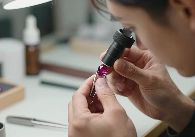 Professional photograph of a master jeweler inspecting a ruby with a loupe, soft focus background of a clean store, North American / US context.
