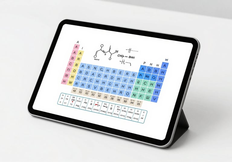 A clean, minimalist desk with a digital tablet displaying chemical formulas and a periodic table. Bright, airy composition using #8BAAB7 and #F8F9F3.