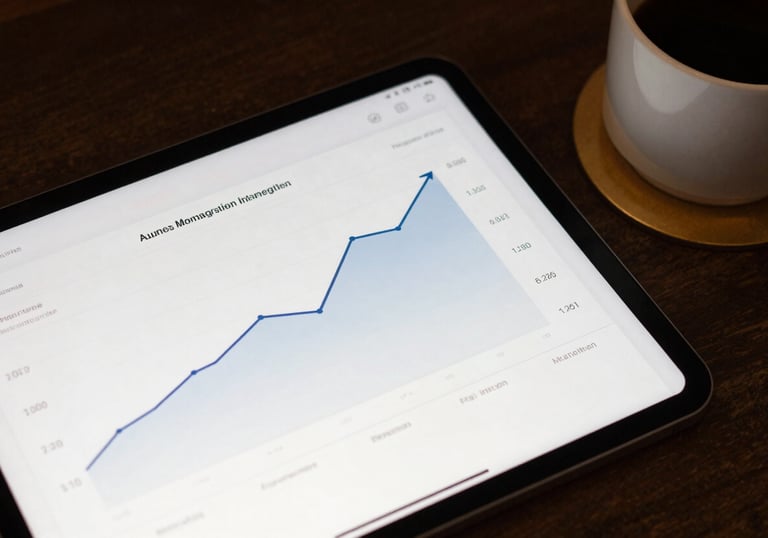 Detailed view of a tablet displaying a clean, professional dashboard with upward-trending lines. Beside it sits a coffee cup on a gold coaster.
