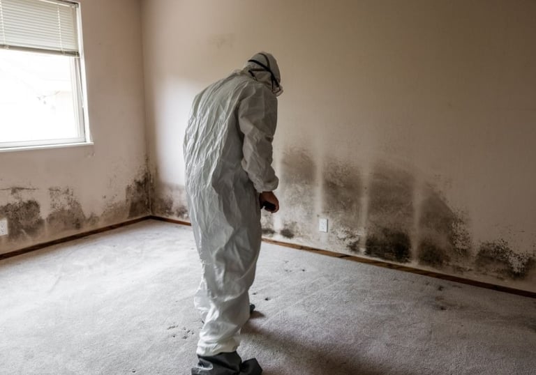 man in hazmat suit cleaning black mold in house