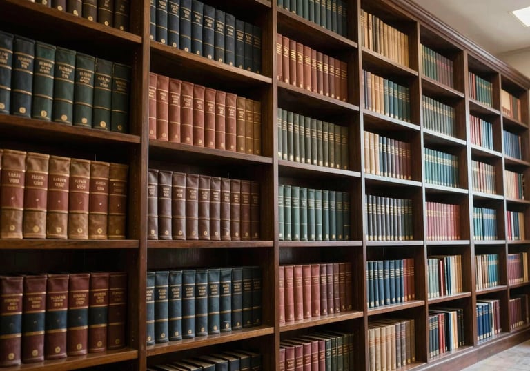A legal library with floor-to-ceiling bookshelves in a South Asian / Pakistani law firm, showcasing a vast collection of leather-bound books.