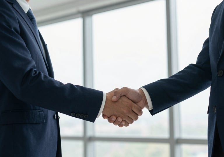 A professional handshake between two business people in a modern office with large windows. The light is bright and soft off-white, reflecting a professional atmosphere.