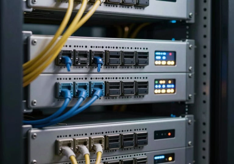 A clean, technological backdrop of server lights and network cables representing professional digital infrastructure and support.