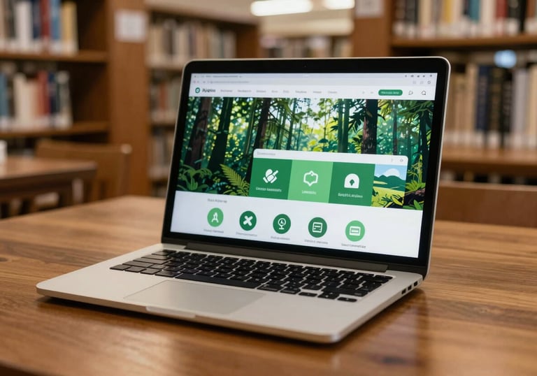 A modern laptop on a wooden table in a brightly lit South American library, showing an online learning interface with forest green icons.