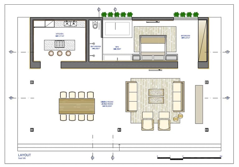Plano de proyecto con mobiliario y equipamiento para importación