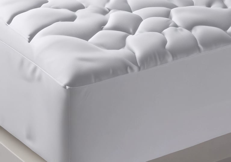 A neatly made bed featuring a crisp white mattress protector.