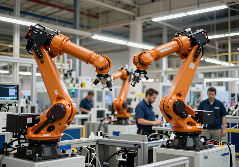 A sharp, clear photograph of a modern automotive manufacturing plant's interior during an upgrade, featuring advanced robotics and professional technicians in a Canadian facility.