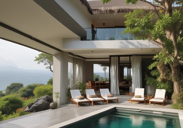 A sleek modern villa overlooking a lush tropical garden at sunset.