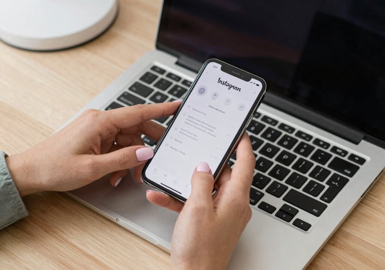 A calm workspace with a smartphone showing social media apps on the screen.