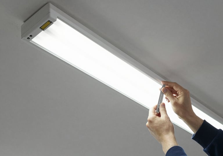 A handyman painting a wall in a bright office space with care.