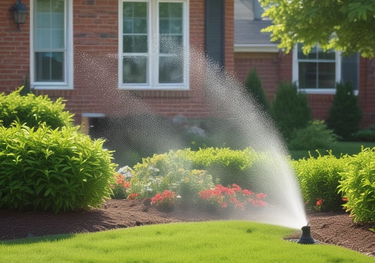 Close-up of a sprinkler head watering a vibrant green lawn on a sunny day.