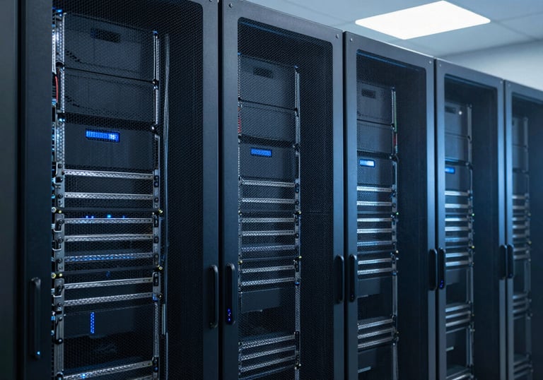 Modern server room or high-tech communication hub equipment, symbolizing reliability and speed, slate and navy blue lighting.