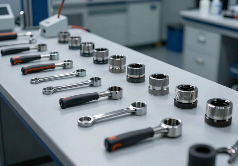 An organized row of professional auto glass tools on a clean workbench, illuminated by cool, modern laboratory lighting.